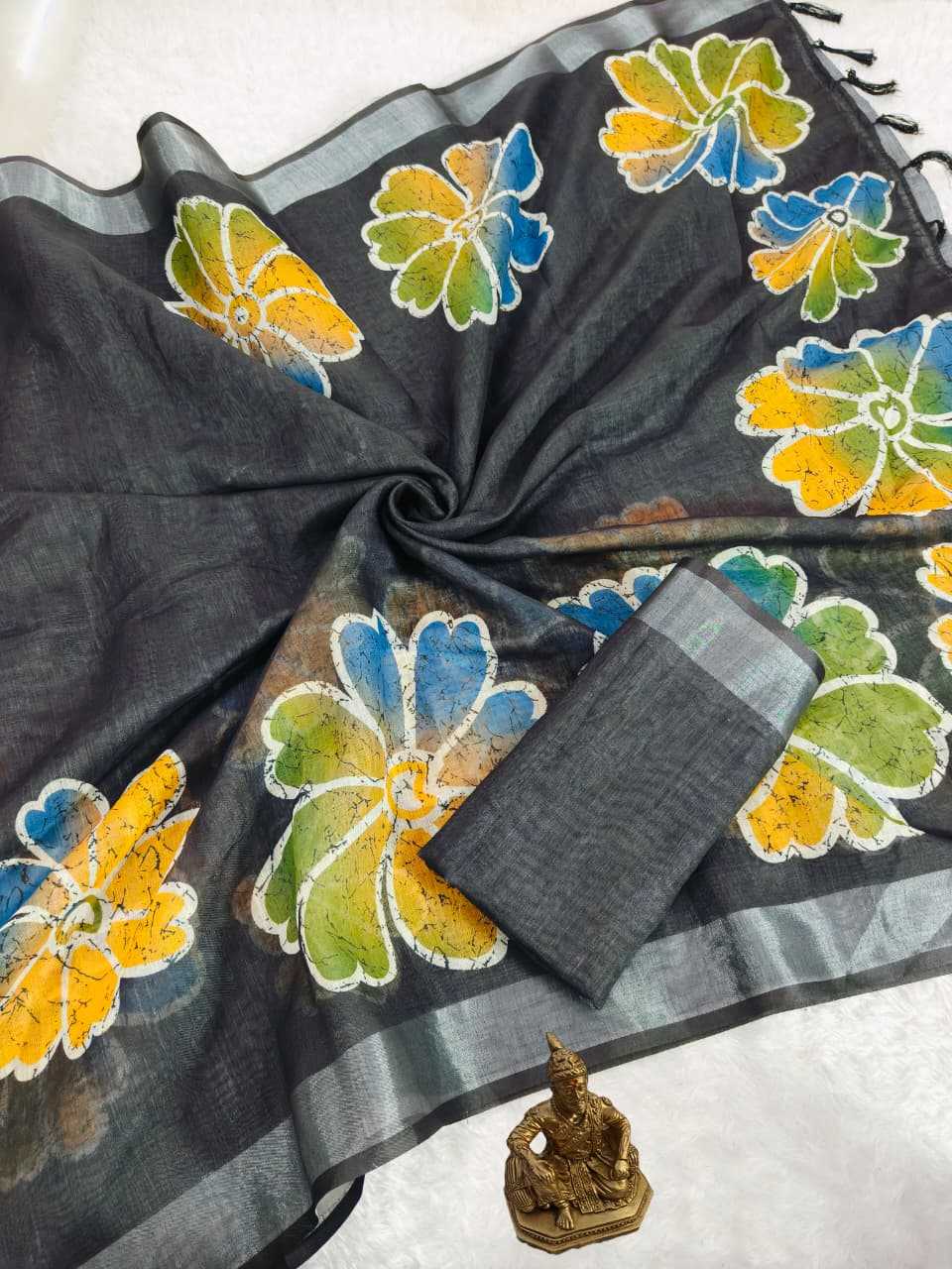 Ynf Tussar Silk KESH673 SILVER FLORA Sarees Wholesale Printed Sarees Linen Sarees Tussar Sarees Manufacturer- Kapda Export