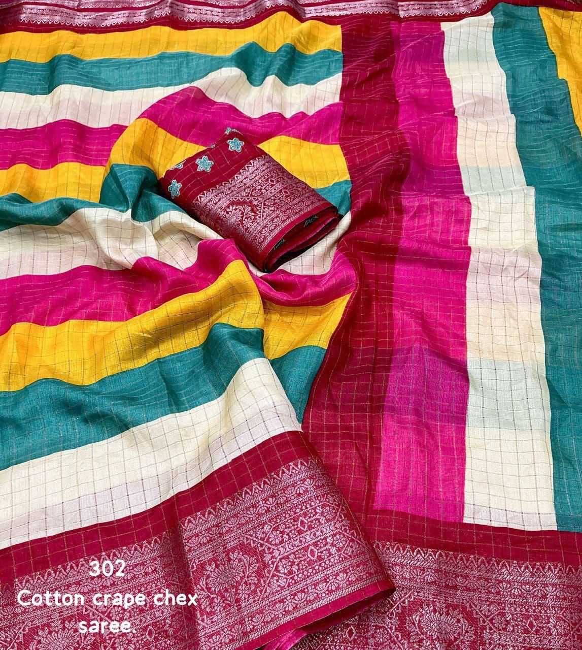 Ynf Cotton KESH433 302 COTTON CRAPE CHEX Sarees Wholesale Designer Sarees Zari Border Sarees Cotton Sarees Manufacturer- Kapda Export