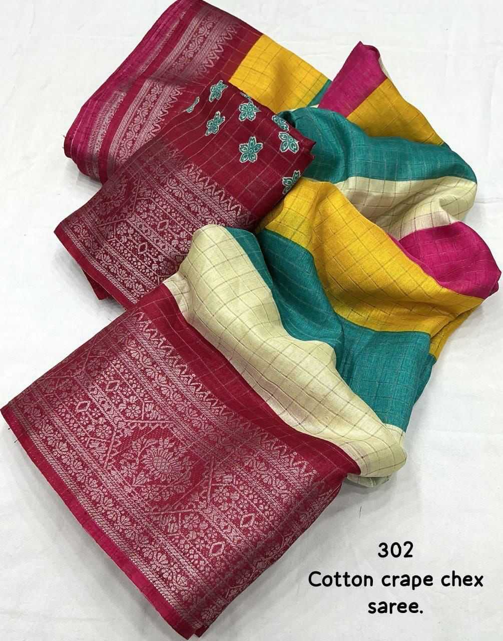 Ynf Cotton KESH433 302 COTTON CRAPE CHEX Sarees Wholesale Designer Sarees Zari Border Sarees Cotton Sarees Manufacturer- Kapda Export