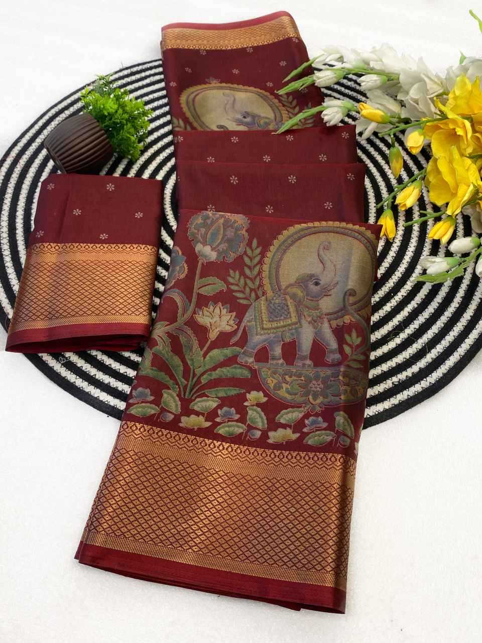 Ynf Cotton KESH554 GAJ Sarees Wholesale Ajrakh Sarees Kalamkari Sarees Zari Border Sarees Manufacturer- Kapda Export