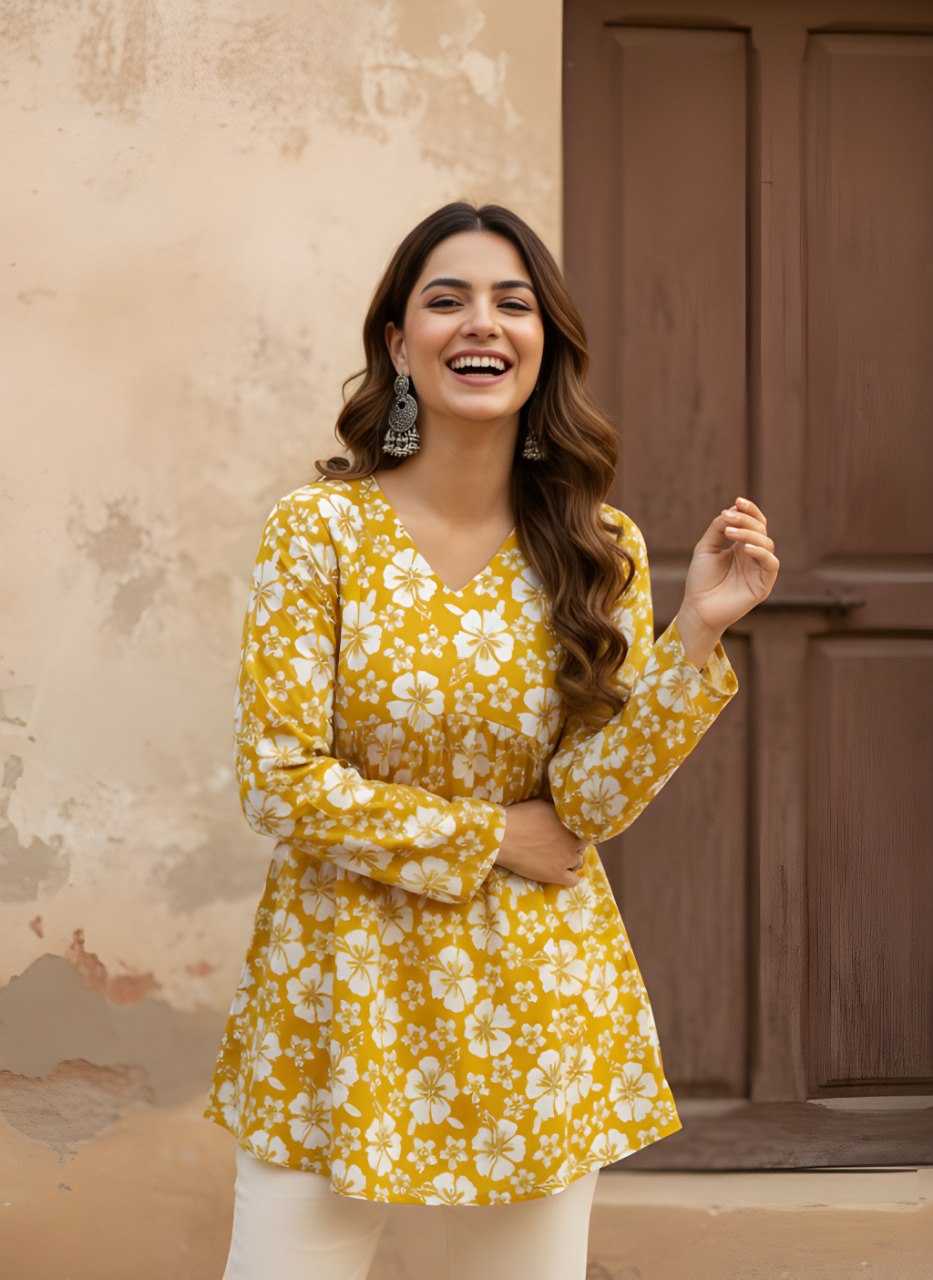 Ynf Cotton KESH559 1051 Kurti Wholesale Short Kurtis Full Sleeve Kurti V-Neck Kurtis Manufacturer- Kapda Export