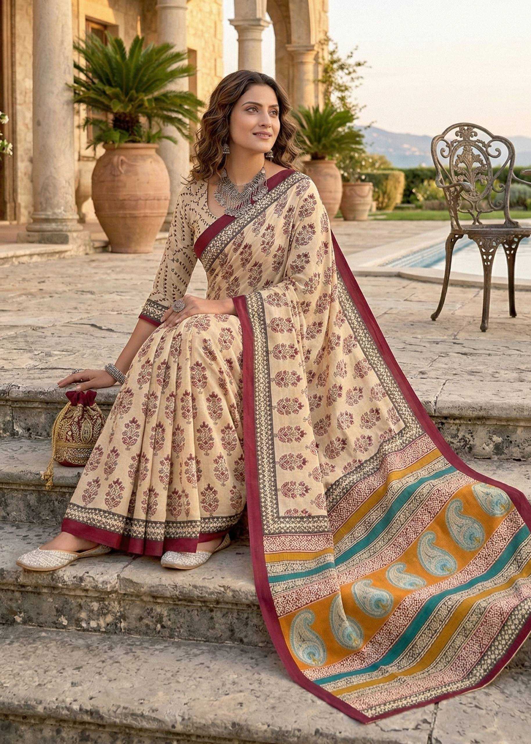 Ynf Cotton RIN229 Ajrakh Sarees Wholesale Printed Sarees Ajrakh Sarees Cotton Sarees Manufacturer- Kapda Export