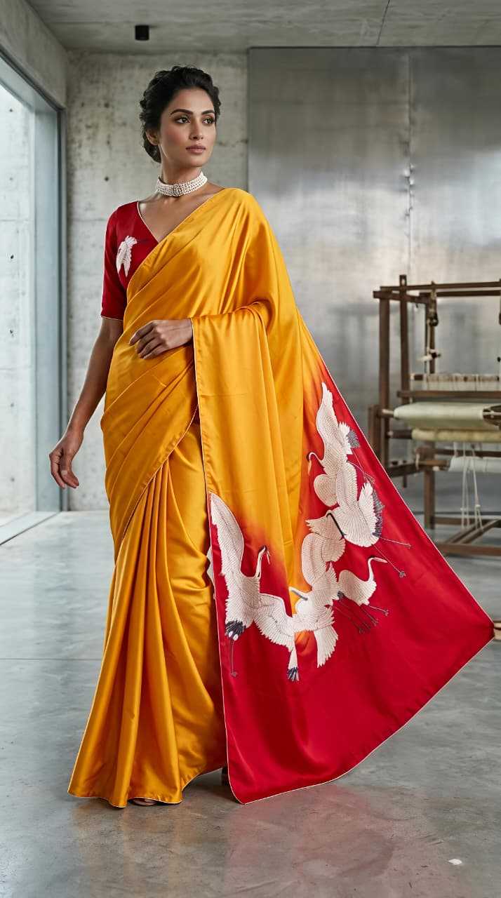 Ynf Crepe Silk KESH673 FLYING SWAN Silk Sarees Wholesale Printed Silk Saree Party Wear Silk Sarees Designer Silk Sarees Manufacturer- Kapda Export