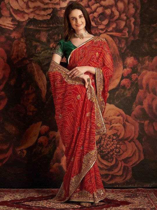 Ynf Georgette KESH511 Hathi Sarees Wholesale Georgette Sarees Embroidered Sarees Bandhani Bandhej Sarees Manufacturer- Kapda Export