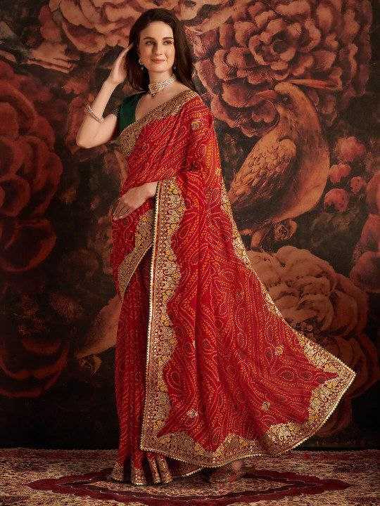 Ynf Georgette KESH511 Hathi Sarees Wholesale Georgette Sarees Embroidered Sarees Bandhani Bandhej Sarees Manufacturer- Kapda Export