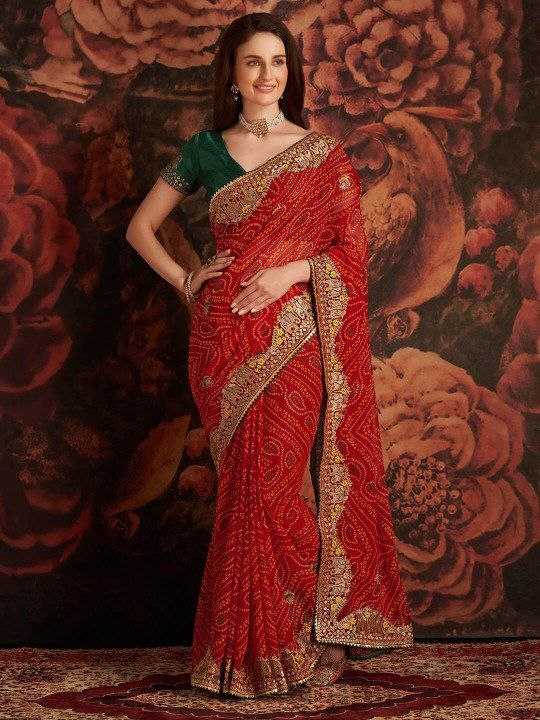 Ynf Georgette KESH511 Hathi Sarees Wholesale Georgette Sarees Embroidered Sarees Bandhani Bandhej Sarees Manufacturer- Kapda Export