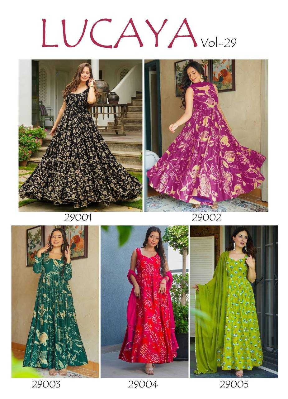 Ynf Heavy Rayon RIN131 LUCAYA Gowns Wholesale Printed Gowns Anarkali Gown Georgette Gown Manufacturer- Kapda Export