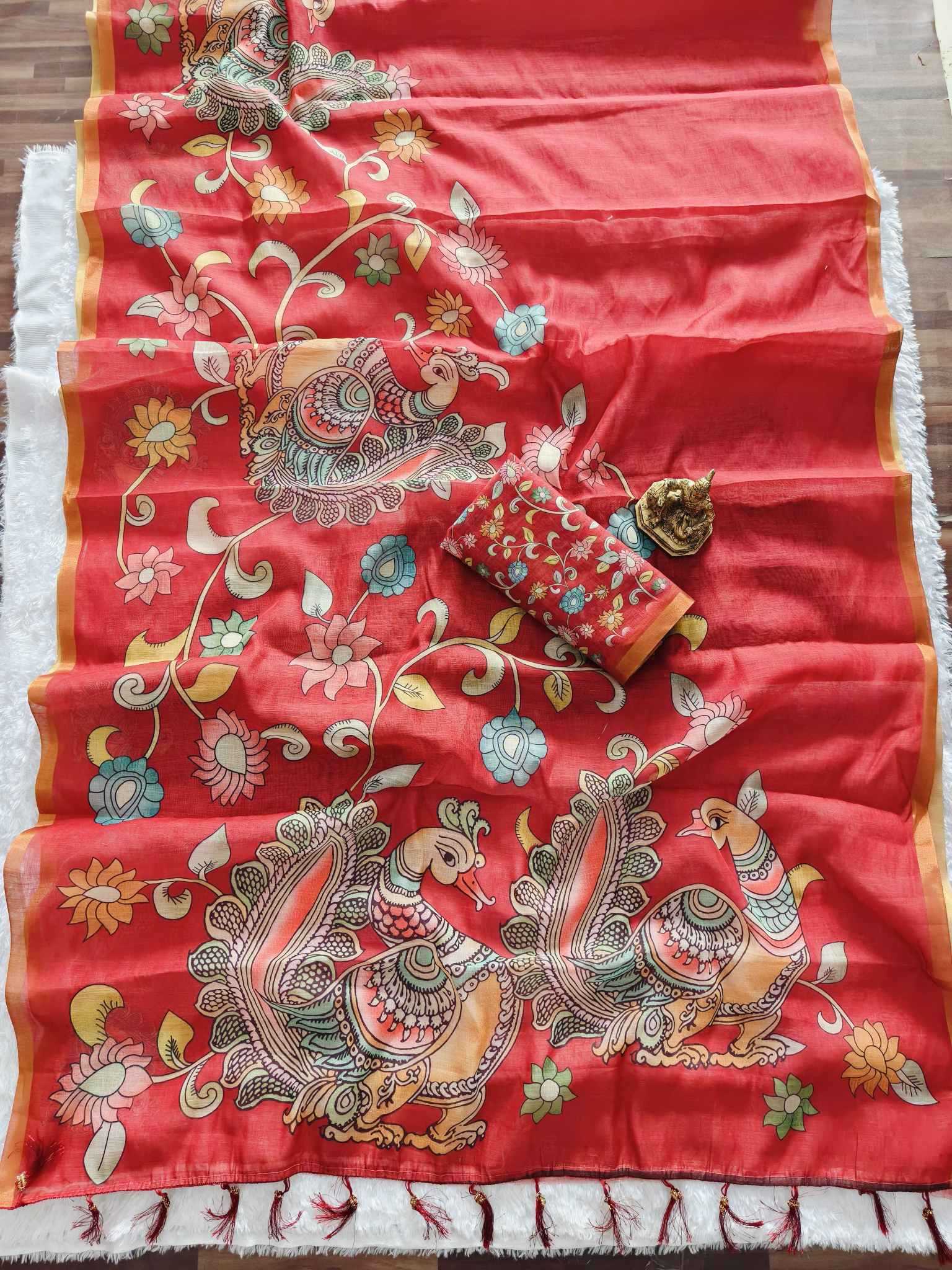 Ynf Linen KESH673 GOLD KALAMKARI Sarees Wholesale Printed Sarees Kalamkari Sarees Linen Sarees Manufacturer- Kapda Export