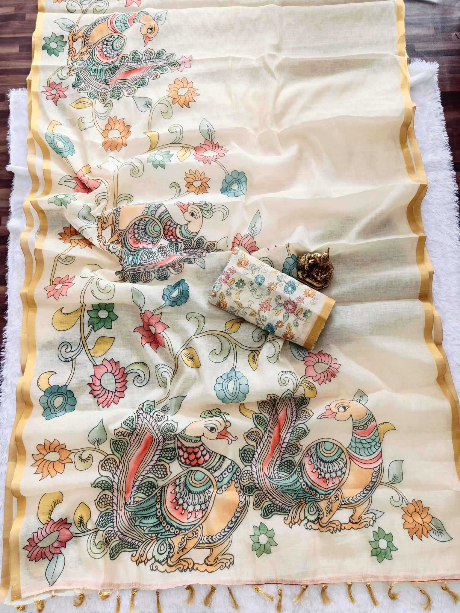 Ynf Linen KESH673 GOLD KALAMKARI Sarees Wholesale Printed Sarees Kalamkari Sarees Linen Sarees Manufacturer- Kapda Export