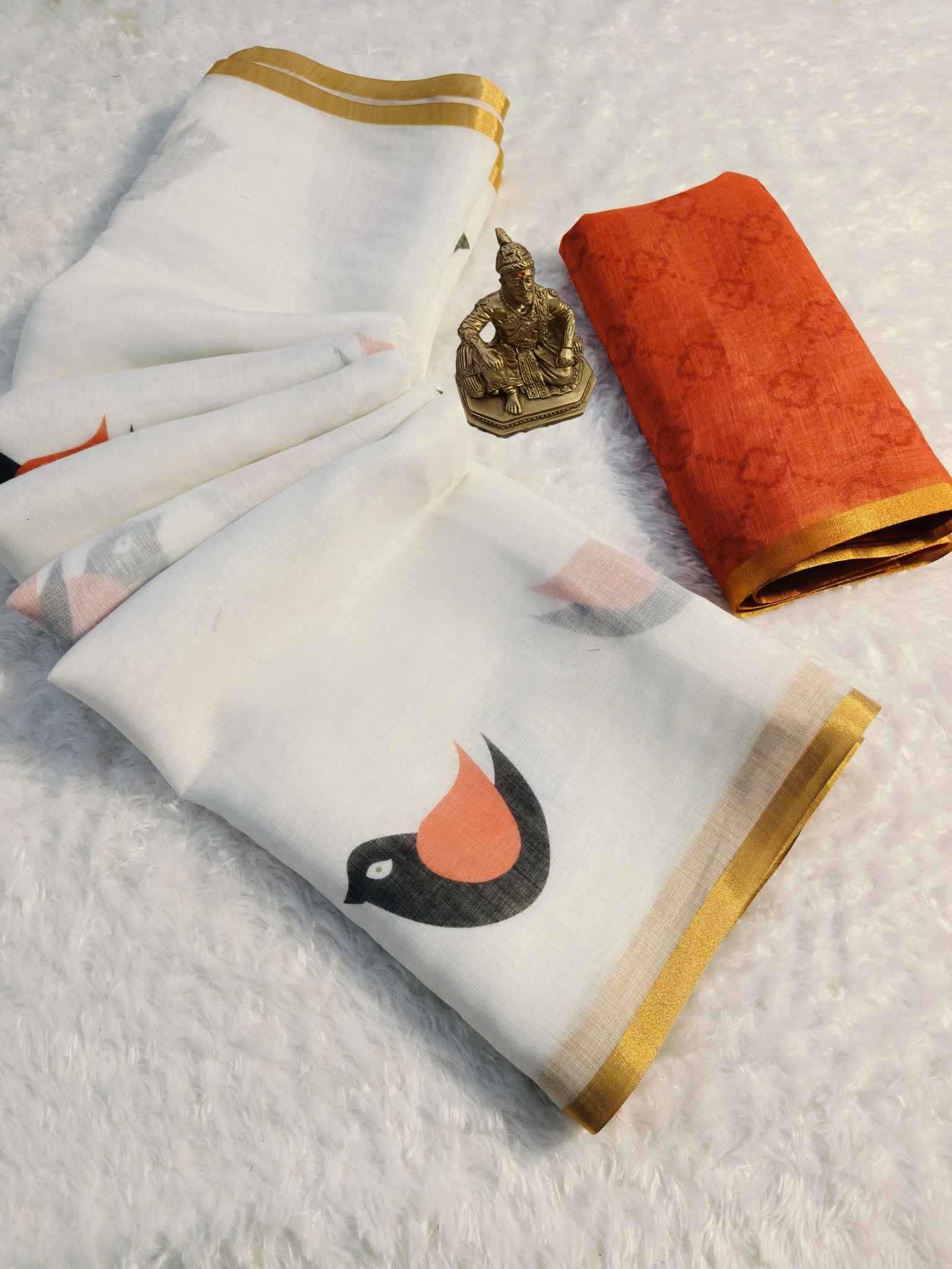 Ynf Linen KESH673 LAXMI BIRD* Sarees Festive Collections Wholesale Printed Sarees Linen Sarees Onam Collections Manufacturer- Kapda Export