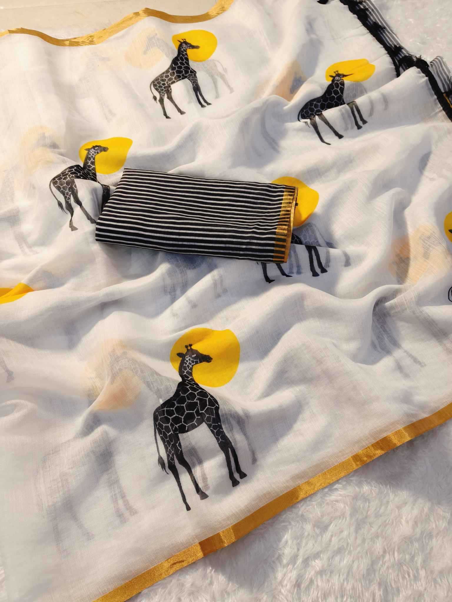 Ynf Linen KESH673 LAXMI GIRAFFE Sarees Festive Collections Wholesale Printed Sarees Linen Sarees Onam Collections Manufacturer- Kapda Export