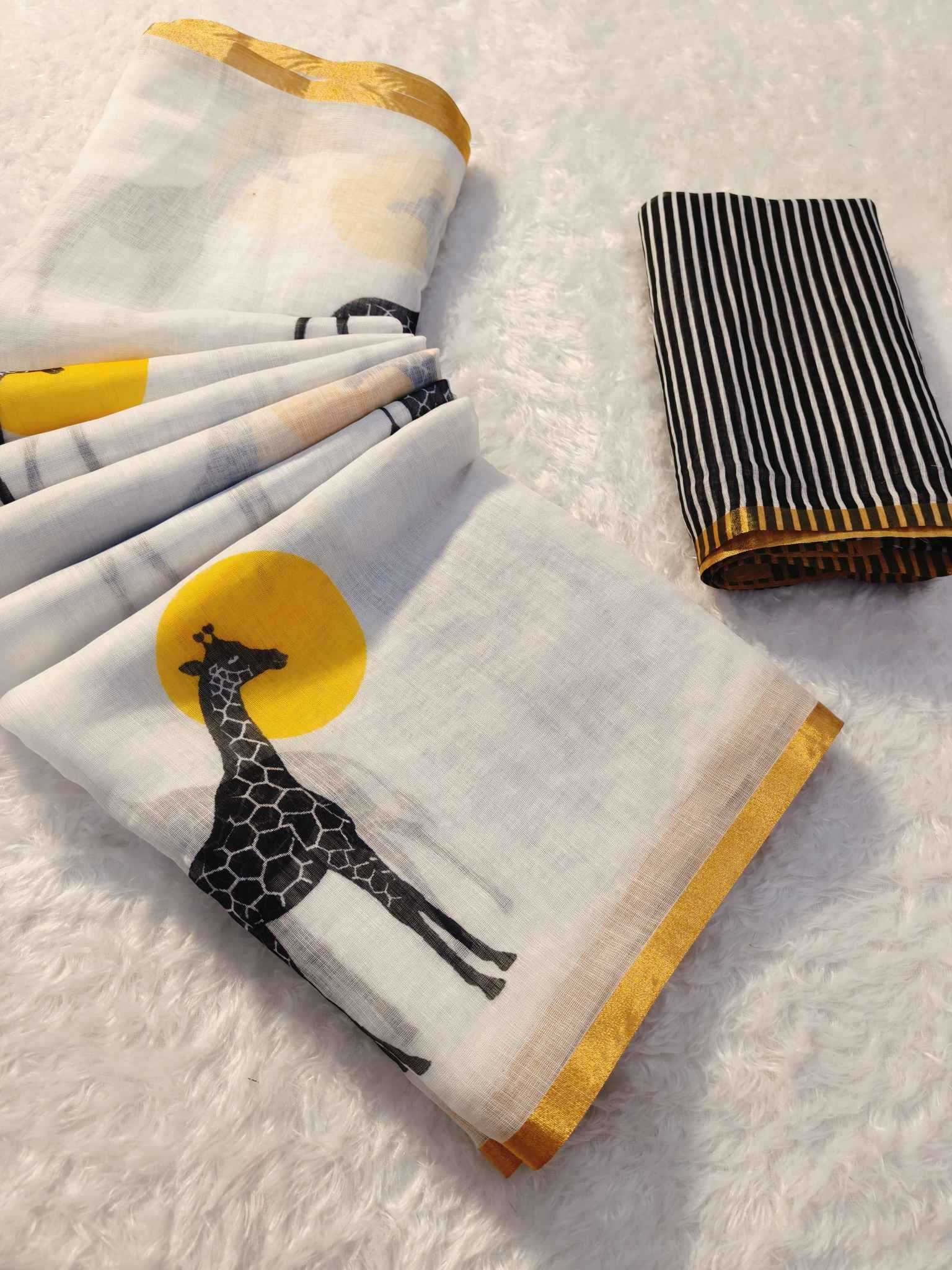 Ynf Linen KESH673 LAXMI GIRAFFE Sarees Festive Collections Wholesale Printed Sarees Linen Sarees Onam Collections Manufacturer- Kapda Export