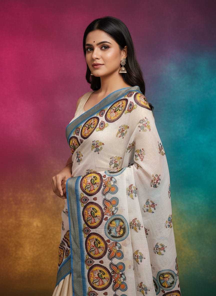 Ynf Linen KESH682 Alvira Sarees Wholesale Printed Sarees Zari Border Sarees Linen Sarees Manufacturer- Kapda Export