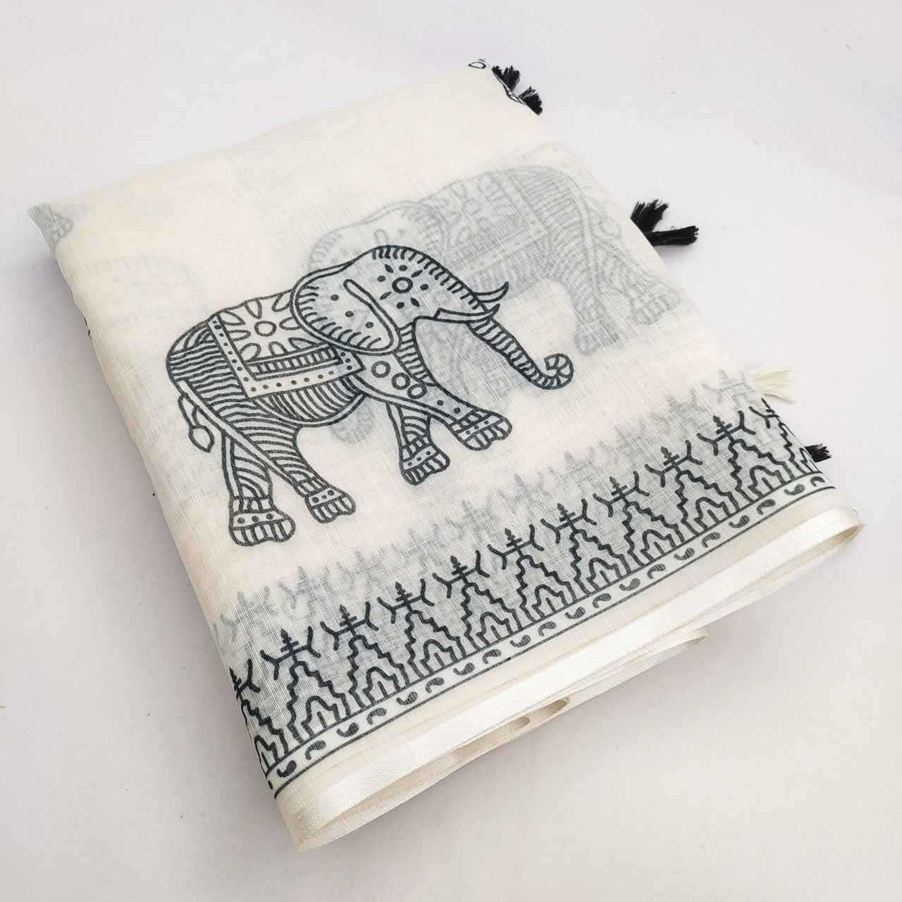 Ynf Linen RIN231 ELEPHANT Sarees Wholesale Printed Sarees Cotton Linen Sarees Tussar Sarees Manufacturer- Kapda Export