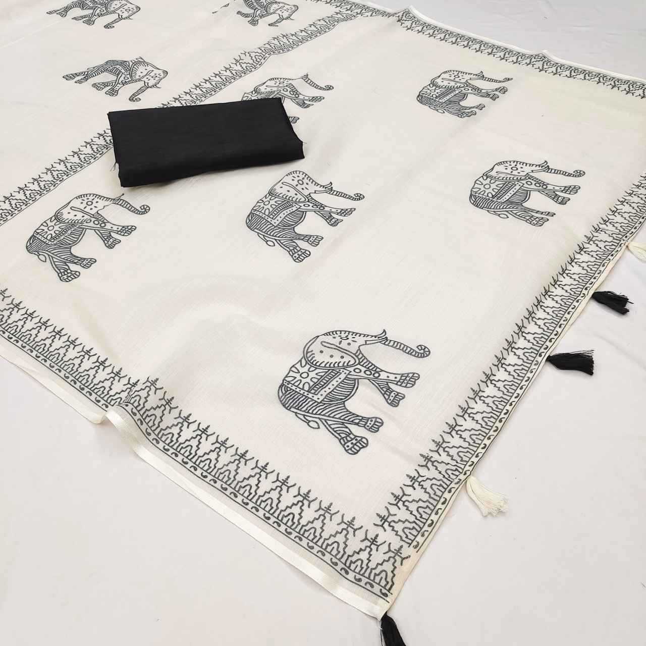 Ynf Linen RIN231 ELEPHANT Sarees Wholesale Printed Sarees Cotton Linen Sarees Tussar Sarees Manufacturer- Kapda Export