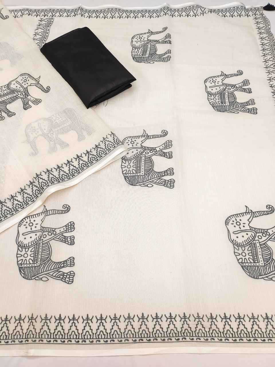 Ynf Linen RIN231 ELEPHANT Sarees Wholesale Printed Sarees Cotton Linen Sarees Tussar Sarees Manufacturer- Kapda Export