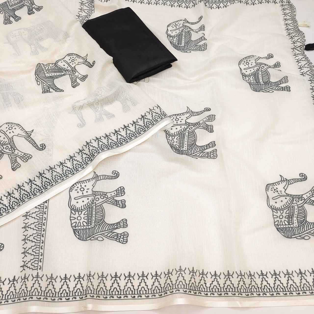 Ynf Linen RIN231 ELEPHANT Sarees Wholesale Printed Sarees Cotton Linen Sarees Tussar Sarees Manufacturer- Kapda Export