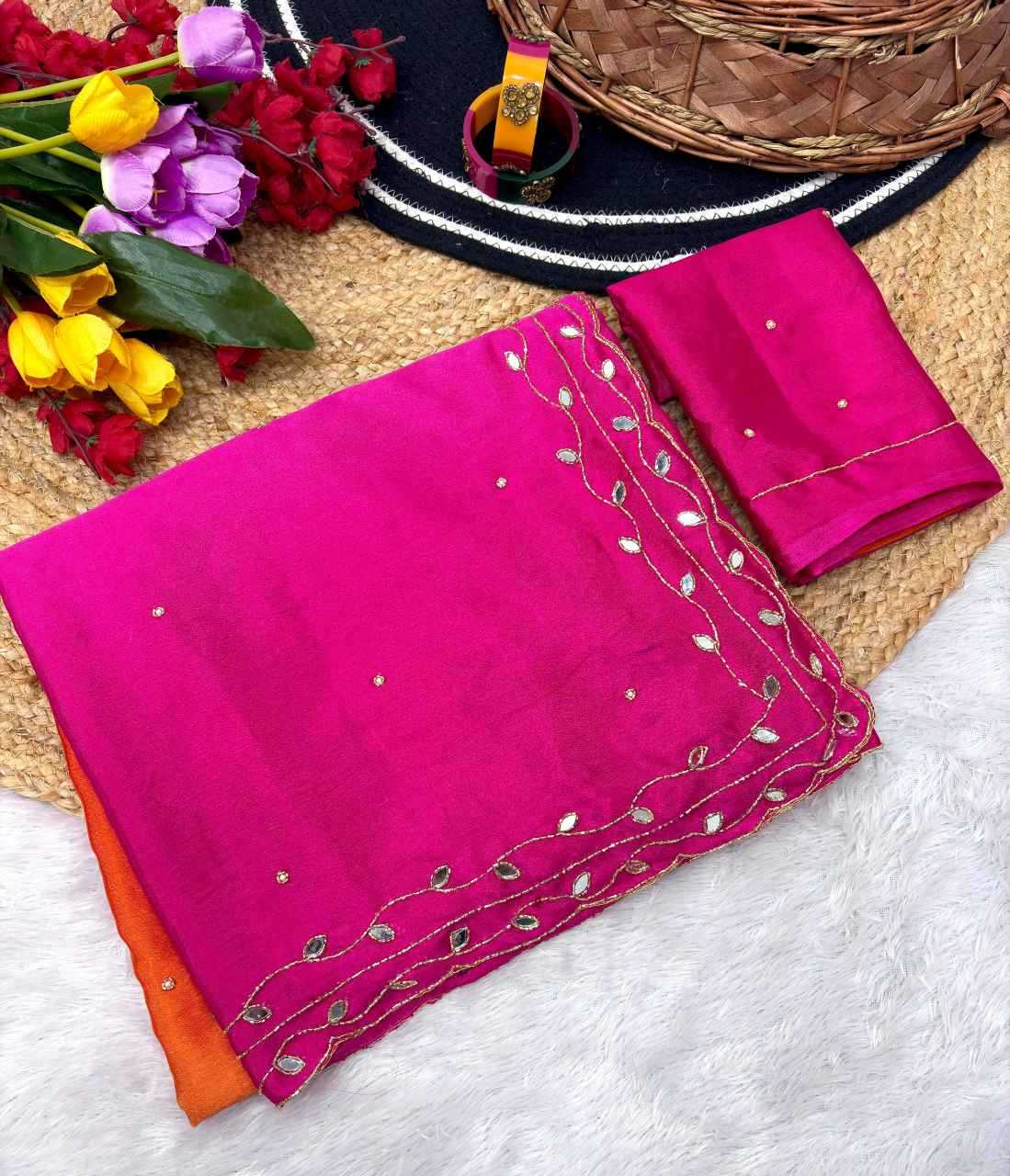 Ynf soft chinon KESH600 Minaxi Sarees Wholesale Hand Work Sarees Cutwork Saree Mirror Work Saree Manufacturer- Kapda Export