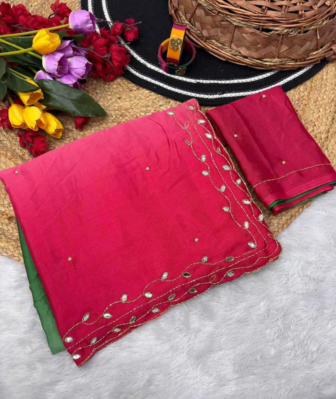 Ynf soft chinon KESH600 Minaxi Sarees Wholesale Hand Work Sarees Cutwork Saree Mirror Work Saree Manufacturer- Kapda Export