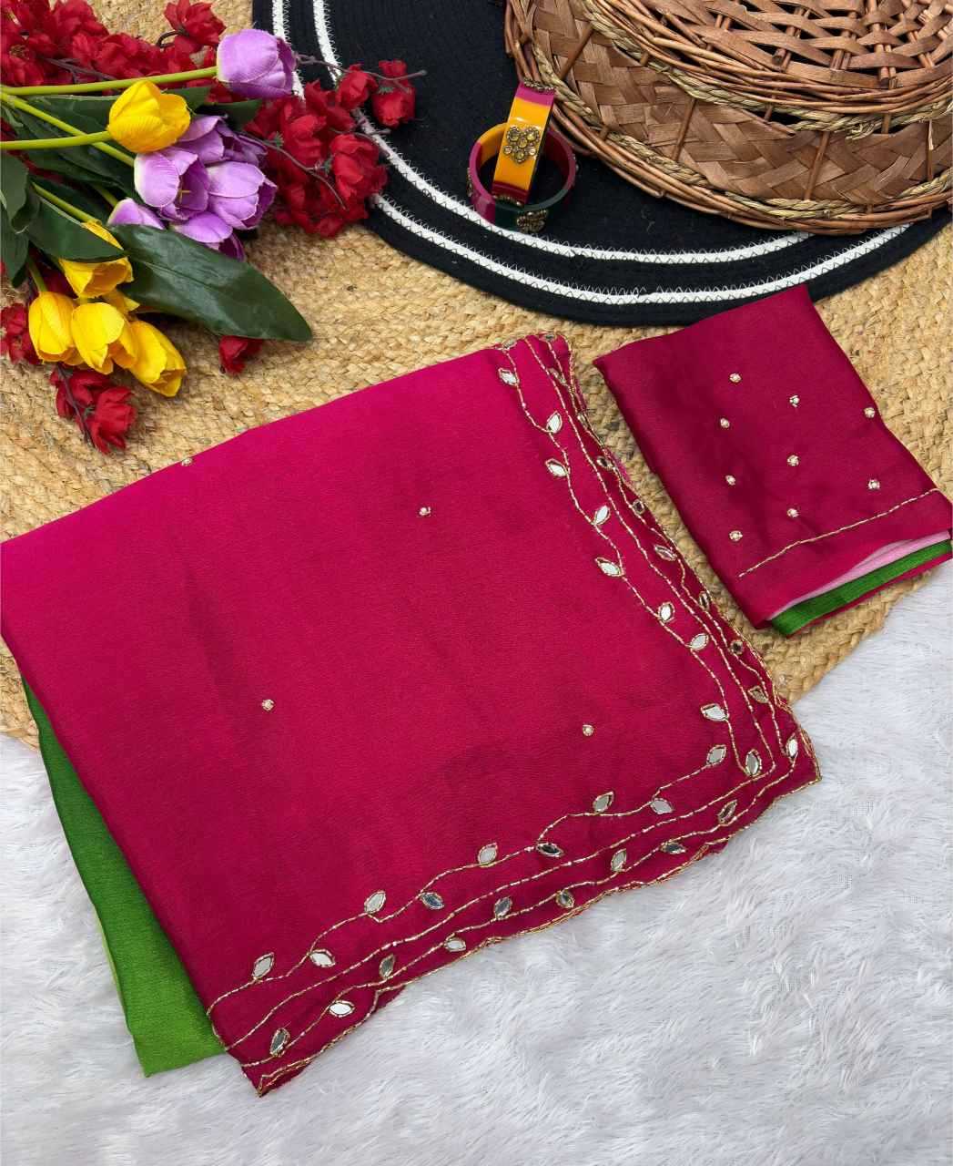 Ynf soft chinon KESH600 Minaxi Sarees Wholesale Hand Work Sarees Cutwork Saree Mirror Work Saree Manufacturer- Kapda Export
