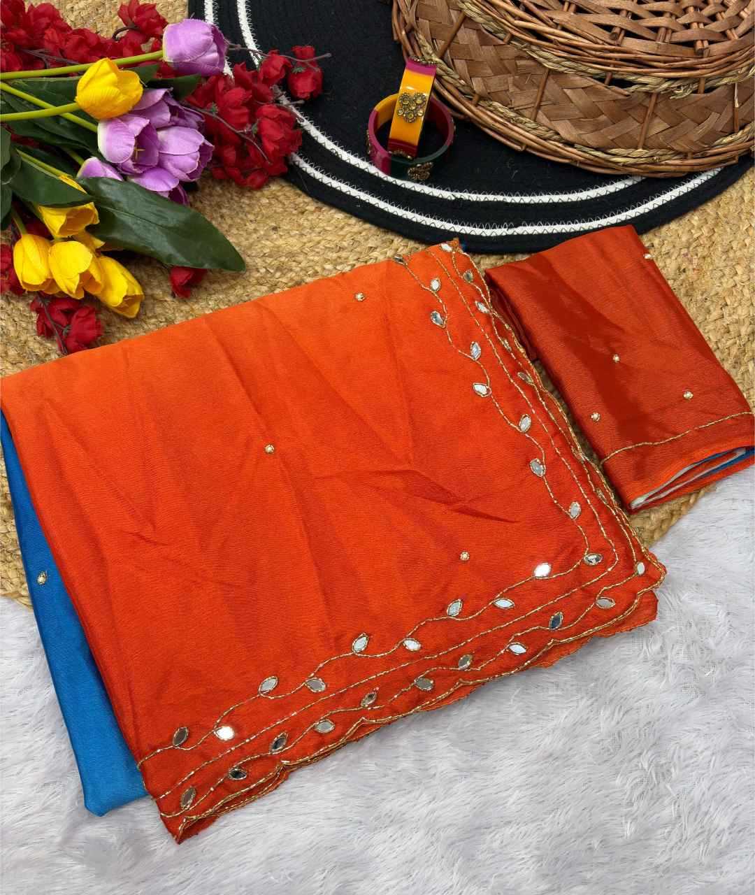 Ynf soft chinon KESH600 Minaxi Sarees Wholesale Hand Work Sarees Cutwork Saree Mirror Work Saree Manufacturer- Kapda Export