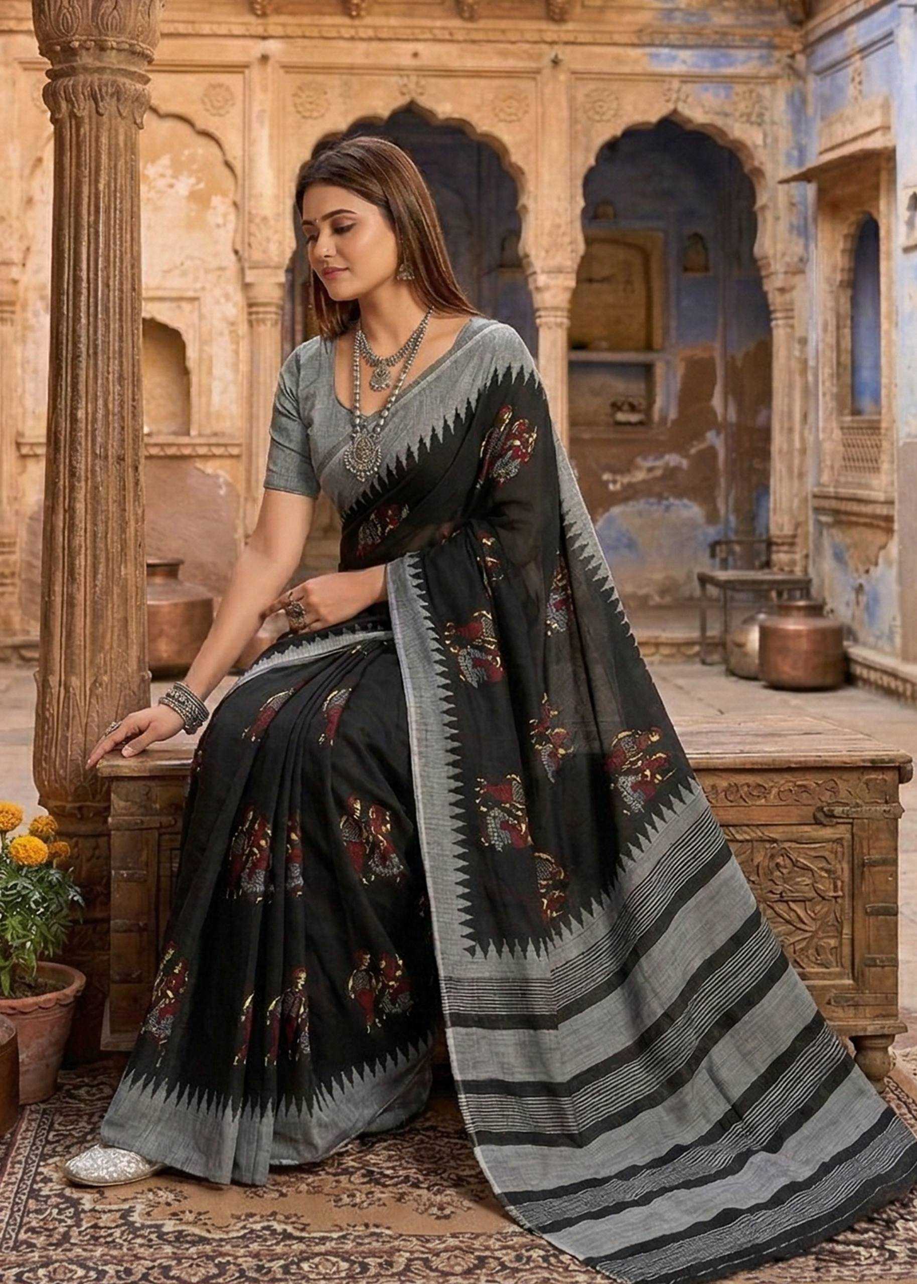 Ynf Soft Cotton RIN229 Kalmkari Sarees Wholesale Printed Sarees Kalamkari Sarees Mulmul Cotton Sarees Manufacturer- Kapda Export